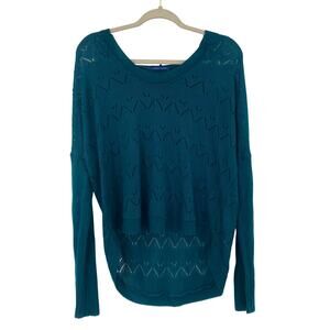 Sweet Claire Teal Open Knit Hooded Boho Slouchy Top Women’s Size XL